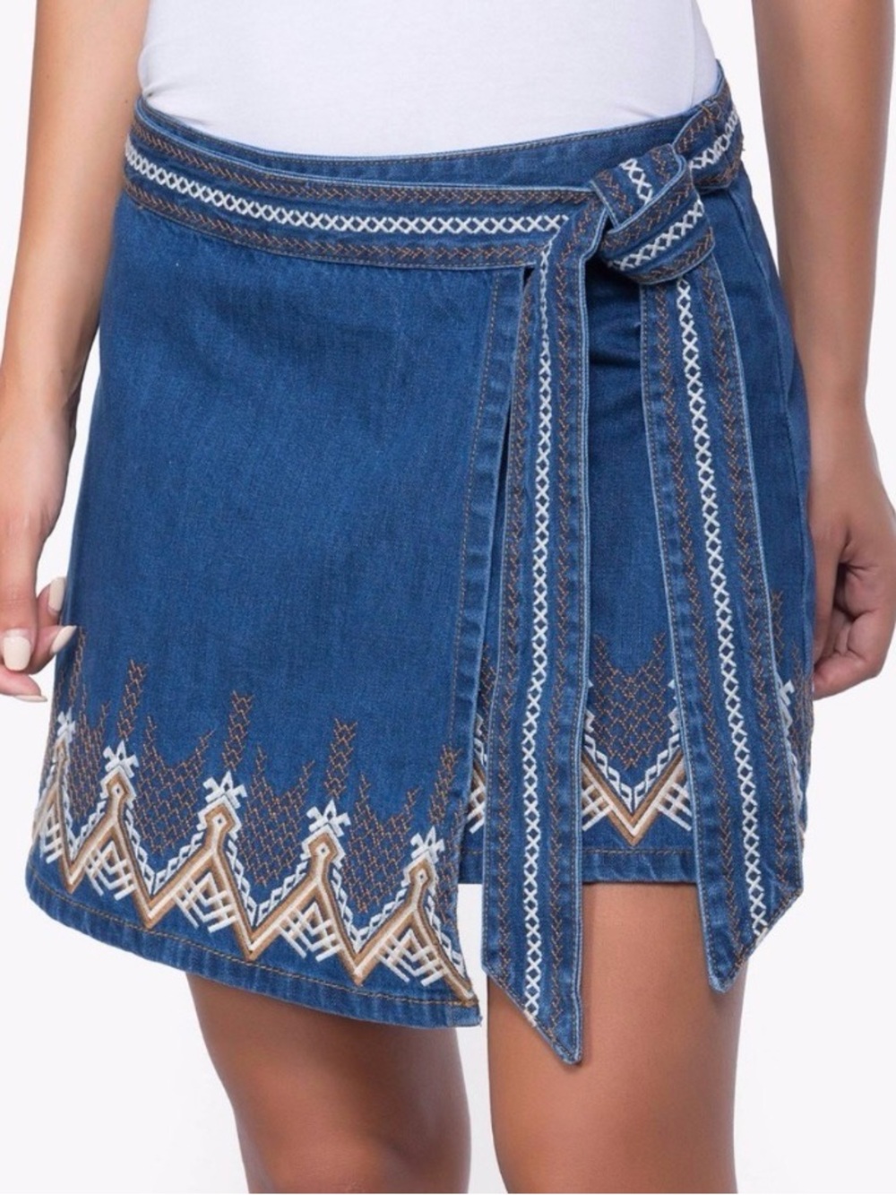 Free People “Dream Away Hendrix” Embroidered Denim Wrap Mini Skirt w/ Waist Tie - Picture 4 of 7